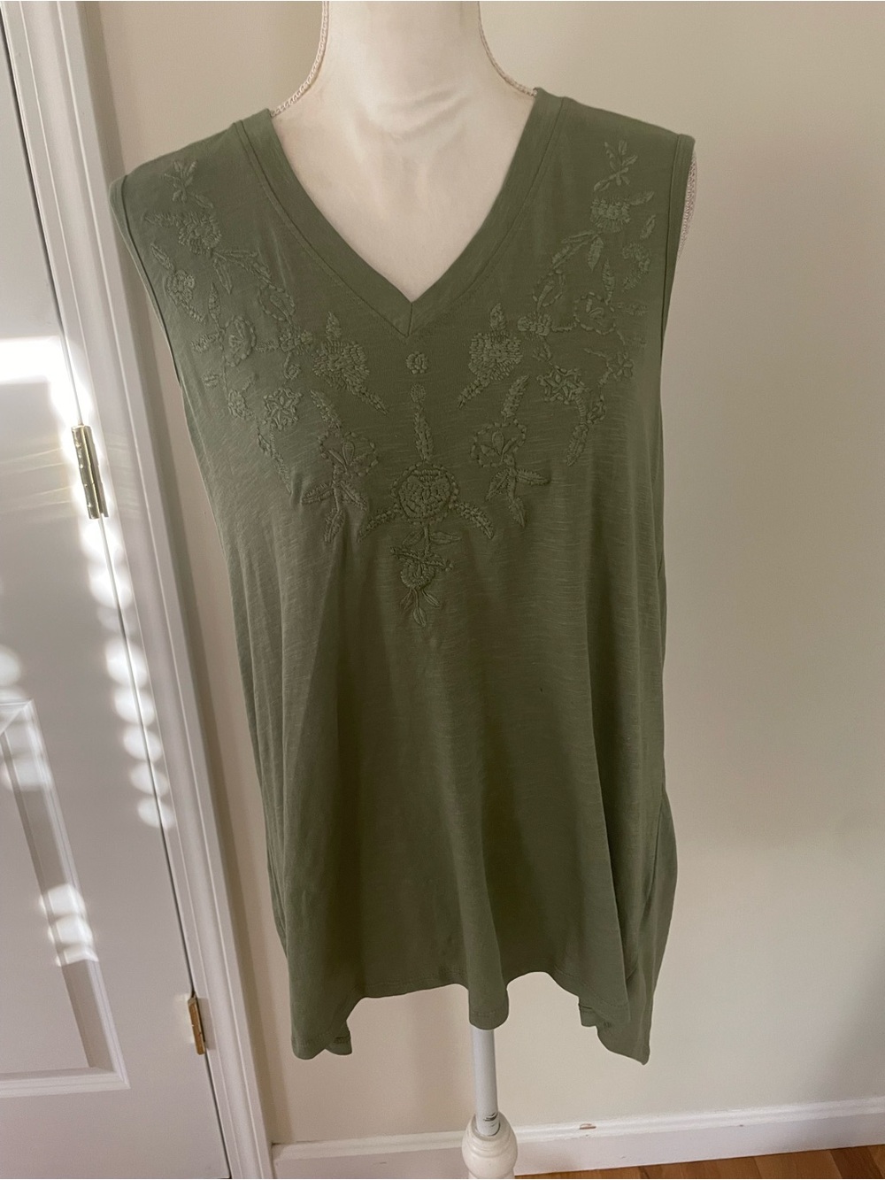 Faith & Zoe Olive Embroidered V-Neck Sleeveless Tank
